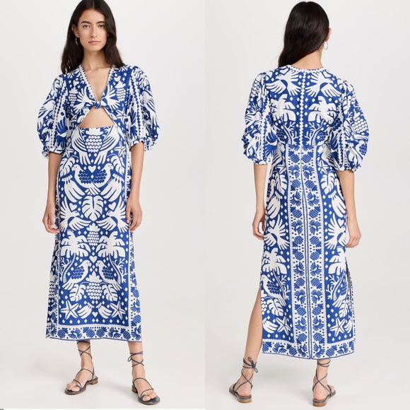 Rare NWT Farm Rio Jungle Scarf Midi Dress Cutout Birds Blue White Navy - Picture 2 of 14